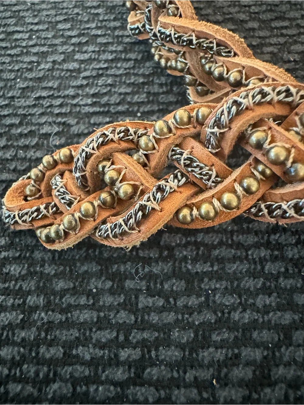 J.Crew Vintage-Inspired Braided & Beaded Leather Belt – Tan/Brown – Brass Buckle
